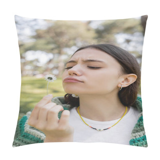 Personality  Focused Young Woman Looking At Daisy Flower In Blurred Summer Park  Pillow Covers