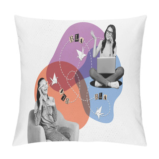 Personality  Poster Collage Banner Two Young Friends Communicating Each Other Mobile Phone Laptop Internet Online Digital Drawing Background. Pillow Covers