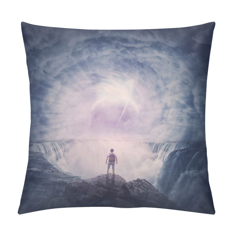 Personality  Person stands on the edge of a cliff above a waterfall looking at a huge whirlwind in the clouds that creates a portal to another planet. Surreal and fantasy scene, magical world adventure concept pillow covers