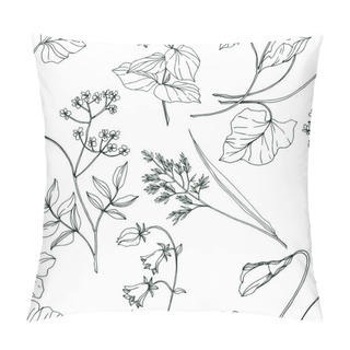 Personality Vector Wildflowers Floral Botanical Flowers. Black And White Engraved Ink Art. Seamless Background Pattern. Pillow Covers