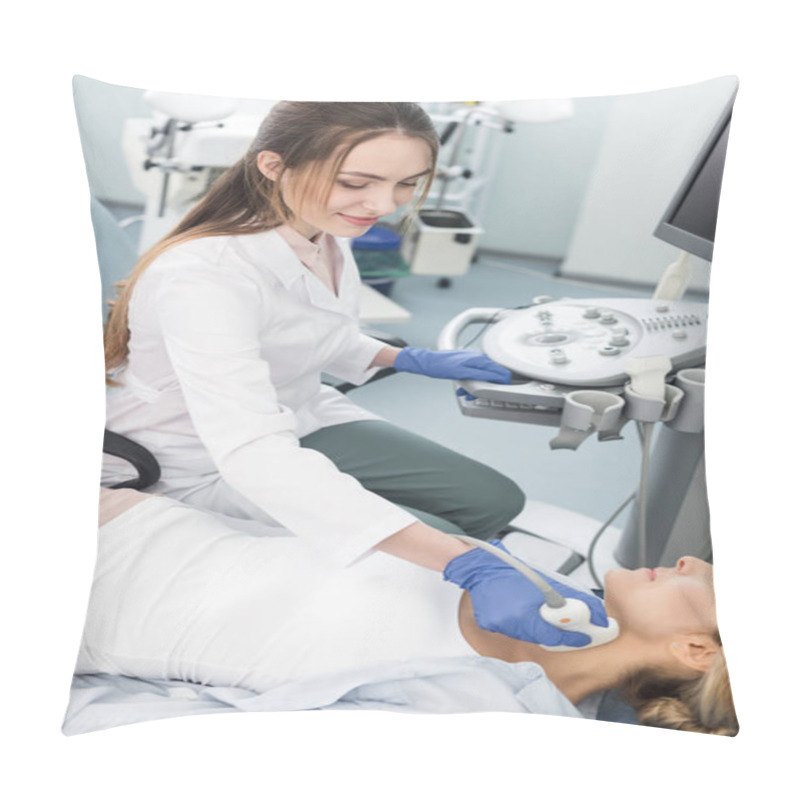 Personality  Smiling Doctor Examining Thyroid Of Female Patient With Ultrasound Scan In Clinic Pillow Covers