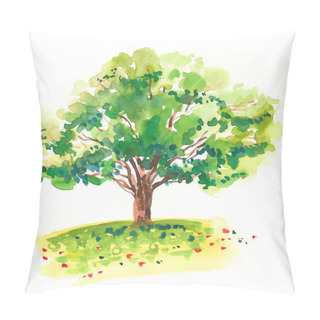 Personality  Big Green Tree And Field With Flowers. Watercolor Painting Pillow Covers