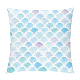 Personality  Stock Illustration. Seamless Pattern Watercolor Drawing Geometric Shapes Abstraction. Drawing Scallop Colors Blue, Purple, Indigo. Gentle Cute Background. Chevron Ornament Colorful Fish Sacle Pillow Covers