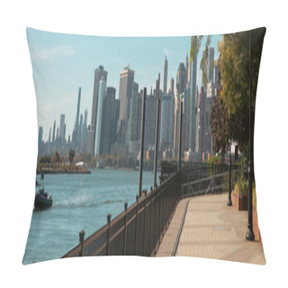 Personality  Cityscape With Manhattan Skyscrapers And Embankment With Walkway Near Hudson River In New York City, Banner Pillow Covers