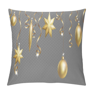 Personality  Christmas Seamless Border Banner Template. Ball Fir Toys Star Golden Silver Sparkle Serpentine Streamer. New Year Tree Decoration Gold Transparent Grid 3d Realistic Design Element. Vector Illustration Pillow Covers