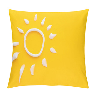 Personality  Top View Of Sun Sign From Sunscreen On Yellow Background  Pillow Covers