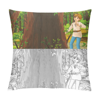 Personality  Cartoon Scene With Sketch With Happy Young Boy Child Prince Or Farmer In The Forest Traveling During Day - Illustration For Children Pillow Covers
