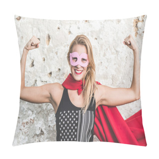 Personality  Young Woman Posing As Superhero Or Superwoman Pillow Covers