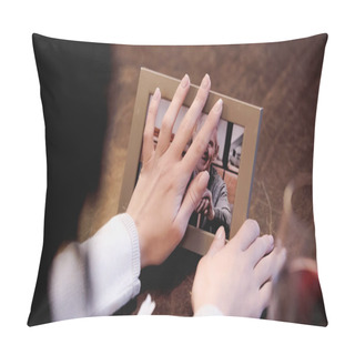 Personality  Partial View Of Female Hands Touching Photo Frame With Picture Of Elderly Man At Home Pillow Covers