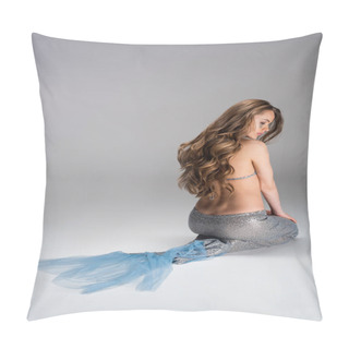 Personality  Beautiful Woman With Mermaid Tail And Long Hair Sitting On Floor, Isolated On Grey Pillow Covers