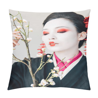 Personality  Tree Branches And Beautiful Geisha With Red And White Makeup Isolated On White Pillow Covers