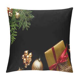 Personality  Top View Of Shiny Golden Christmas Decoration, Green Thuja Branches And Gift Box Isolated On Black Pillow Covers