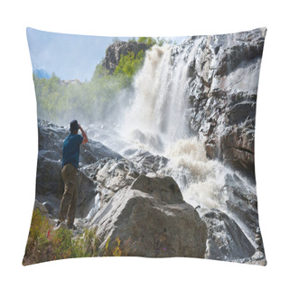 Personality  The Photographer Takes Pictures Of The Alibek Waterfall. Pillow Covers
