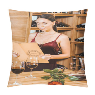 Personality  Beautiful Woman In Red Dress Reading Wine Card At Wine Store Pillow Covers