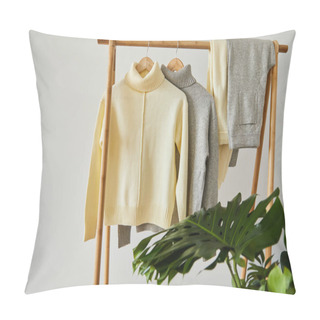 Personality  Beige And Grey Knitted Soft Sweaters And Pants Hanging On Wooden Rack Near Green Plant  Isolated On White Pillow Covers