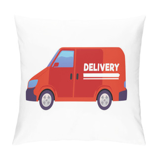Personality  Delivery Car Or Van, Flat Vector Illustration Isolated On White Background. Concepts Of Food Delivery, Catering, Post Shipping And Logistics. Vehicle With Delivery Text On. Pillow Covers