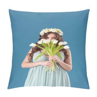 Personality  Beautiful Girl With Flowers Wreath On Head Sniffing Tulips Isolated On Blue Pillow Covers