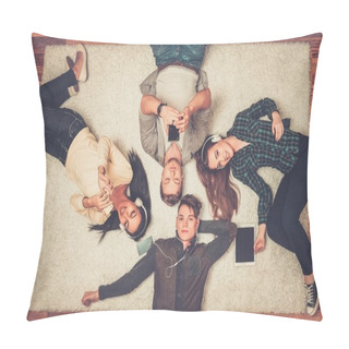 Personality  Happy Multiracial Friends Relaxing On A Carpet With Gadgets  Pillow Covers