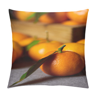 Personality  Selective Focus Of Orange Clementine Near Tangerines With Green Leaves Pillow Covers