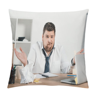Personality  Confused Overweight Businessman Sitting At Workspace With Documents And Laptop  Pillow Covers