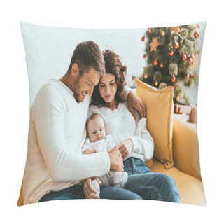 Personality  Happy Parents Holding Adorable Baby While Sitting On Yellow Sofa Pillow Covers