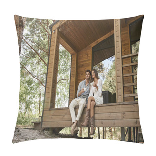 Personality  Happy Couple Holding Cups Of Coffee, Man And Woman Smiling On Porch Of Vacation House, Hot Beverage Pillow Covers