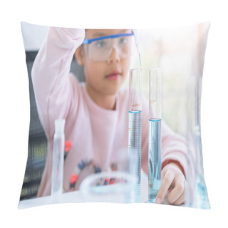 Personality  Asian Little Girl Holding And Dropping Blue Solution In Test Tub Pillow Covers