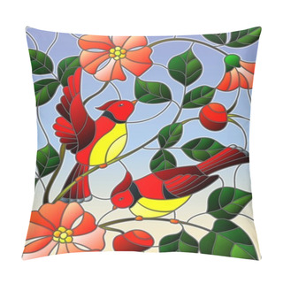 Personality  Illustration In Stained Glass Style With Two Red Birds On The Branches Of Blooming Wild Rose On A Background Sky Pillow Covers