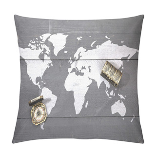 Personality  World Map With Compass And Treasure On Dark Black Wooden Background Pillow Covers