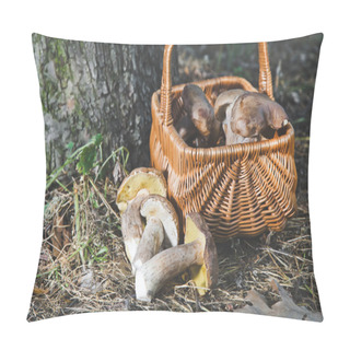 Personality  Group Of White Mushrooms Near Wicker Basket In Forest Pillow Covers