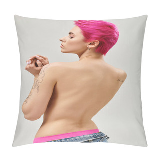 Personality  Back View, Tattooed And Topless Young Woman With Pink Short Hair Posing On Grey Background Pillow Covers