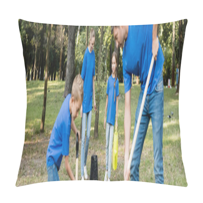 Personality  Mother And Daughter Carrying Young Tree And Watering Can Near Father And Son With Shovels On Blurred Foreground, Ecology Concept, Banner Pillow Covers