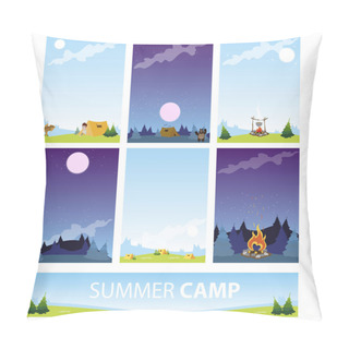 Personality  A Set Of Templates For Creating Promotional Products In The Tourism Industry. Active Rest In The Camping. Beautiful Landscape. Pillow Covers