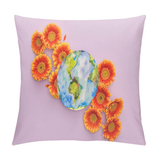 Personality  Top View Of Orange Gerbera Flowers And Painted Planet Earth On Violet Background Pillow Covers