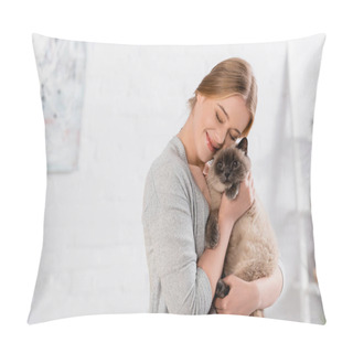 Personality  Smiling Woman With Closed Eyes Embracing Siamese Cat  Pillow Covers