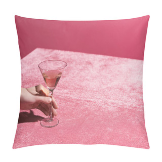 Personality  Cropped View Of Woman Holding Glass Of Rose Wine On Velour Cloth Isolated On Pink, Girlish Concept  Pillow Covers