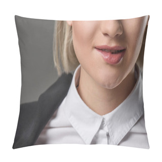 Personality  Cropped Shot Of Woman In White Shirt Biting Lip Isolated On Grey Pillow Covers
