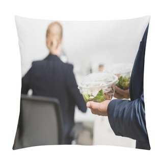 Personality  Businessman Holding Plastic Bowls With Food, While Standing Near Female Colleague On Blurred Background Pillow Covers