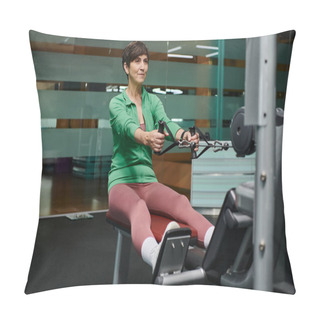 Personality  Strong And Motivated, Elderly Woman Working Out In Gym, Fitness, Exercise Machine, Sportswoman Pillow Covers