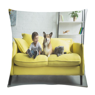 Personality  Adorable Boy With Welsh Corgi Dog And Scottish Fold Cat Sitting On Yellow Sofa At Home Pillow Covers