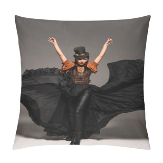 Personality  Full Length View Of Attractive Steampunk Woman In Top Hat With Goggles Standing With Hands Up On Grey Pillow Covers