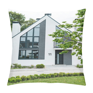 Personality  Selective Focus Of Green Grass Near New Modern And Luxury House  Pillow Covers