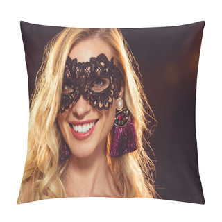 Personality  Beautiful Blonde Smiling Girl In Black Carnival Mask Pillow Covers