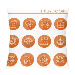 Personality  Party Celebration Thin Line Icons Set. Birthday, Holidays, Event, Carnival Festive. Basic Party Elements Icons Collection. Vector Simple Linear Design. Illustration. Symbols. Mask Gifts Cake Cocktail Pillow Covers
