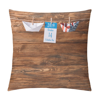 Personality  Calendar  With 14 October Date Between Paper Craft Boats On Wooden Surface Pillow Covers