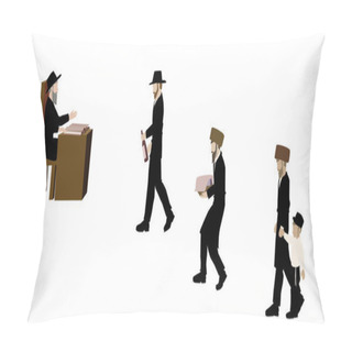 Personality  Ashkenazi Jews, Ultra-Orthodox Torah Observant Hasidim, Bring A Basket, Wine, The Child And A Lamb On The Way To The Rabbi. Who Sits And Studies Gemara. Vector Drawing On A White Background. Pillow Covers
