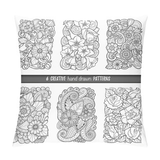 Personality  Set Of Backgrounds In Vector With Doodles, Flowers And Paisley. For Wallpaper, Pattern Fills, Coloring Books. Black And White. Pillow Covers