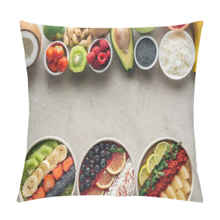 Personality  Top View Of Smoothie Bowls With Ingredients On Grey Background Pillow Covers