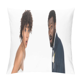 Personality  Panoramic Shot Of Surprised African American Bride And Bridegroom Isolate On White  Pillow Covers