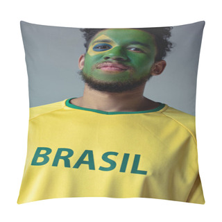 Personality  African American Football Fan With Face Painted As Brazilian Flag Isolated On Grey Pillow Covers